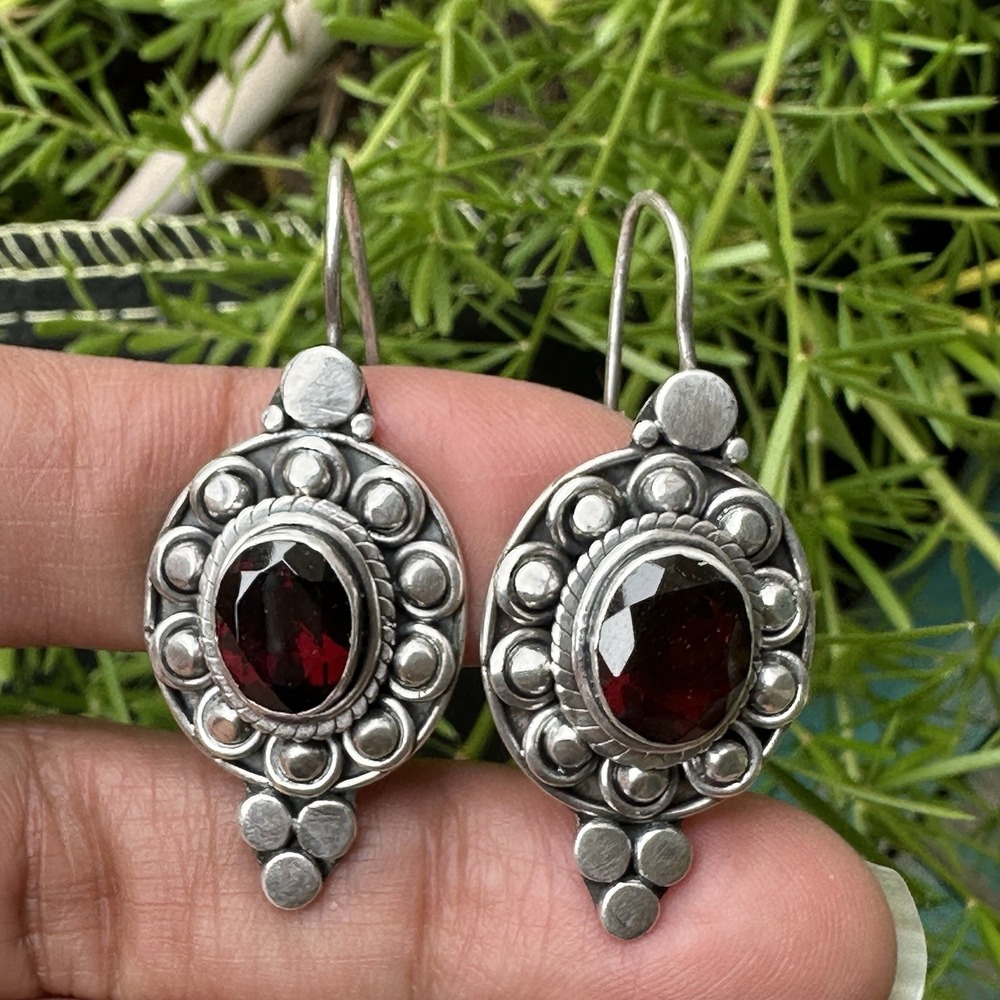 VTG Drop Earrings 1.625‎ Inch Red Garnet Oval Rope Flat Bead 925 Sterling 11.8g